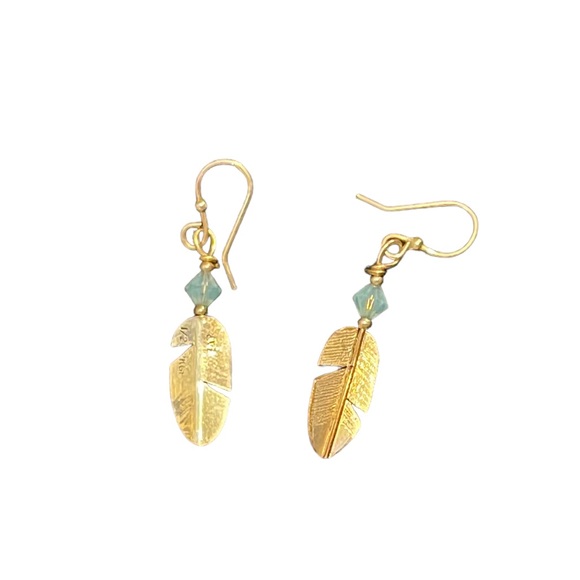 Native American Artisan Made Gold Filled Feather & Bead Dangle Drop Earrings - Picture 3 of 7